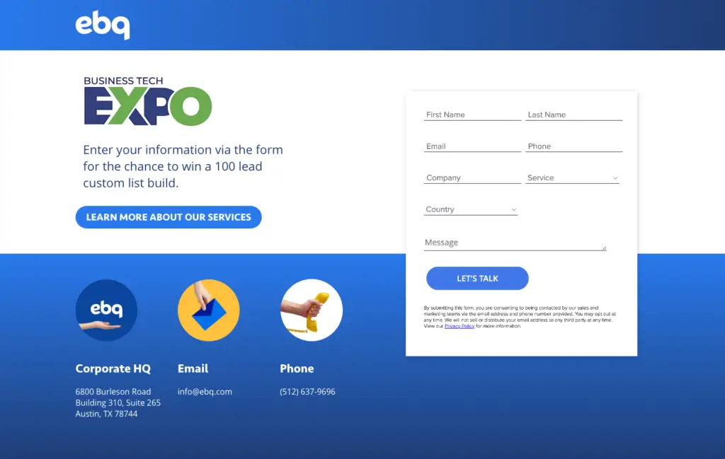 A landing page for a trade show campaign.