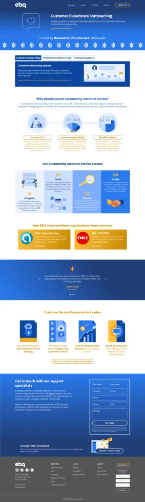 The mockup for the redesign of EBQ's Customer Experience page, highlighting their experience-honed process and relevant case studies and resources.