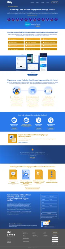 The mockup for the Marketing Cloud Account Engagement subservice page, which includes an overview of deliverable offerings, product examples, and a navigation bar to other subservices within the Marketing Automation discipline.