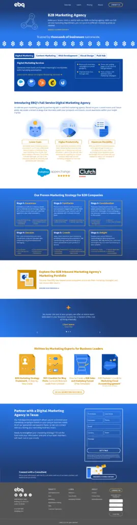 The mockup for the redesign of EBQ's Marketing page, highlighting the various disciplines within the division and the services they offer.