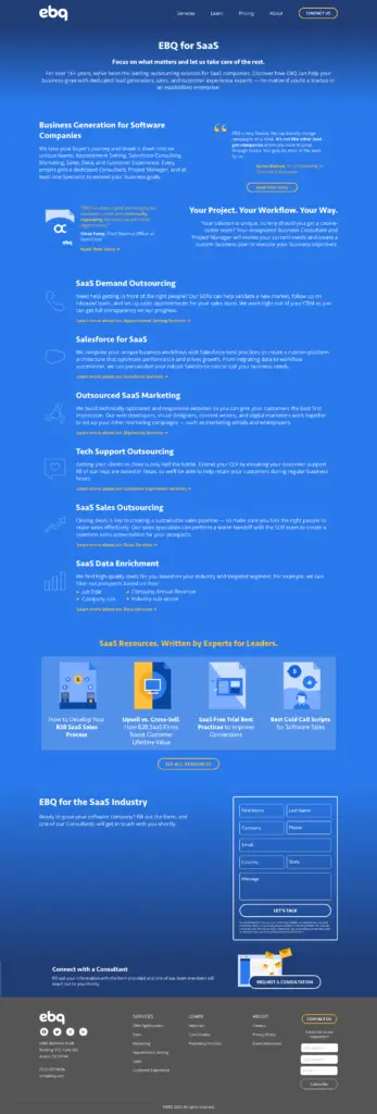 A mockup for an industry-specific page detailing how each EBQ division tailors their services to specific industry needs.
