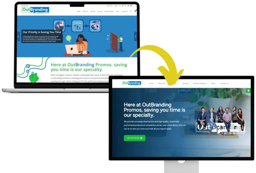 The before and after of the homepage for OutBranding Promos; OutBranding Promos specializes in a concierge, individualized experience for every customer, and so the design focus centered around the humans behind OutBranding. From both user experience and sales perspectives, the key was to engender as many opportunities for connection as possible between users and the team members behind the brand.